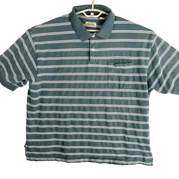VTG St Johns Bay Polo Shirt Men XXL Green White Striped Short Sleeve 100% Cotton - Picture 1 of 8